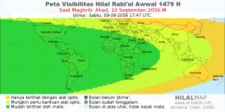 HilalMap: Peta Visibilitas Hilal Rabiul-Awwal 1479 H: rukyat tanggal 2056-9-10 M