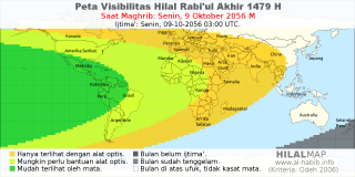 HilalMap: Peta Visibilitas Hilal Rabiul-Akhir 1479 H: rukyat tanggal 2056-10-9 M