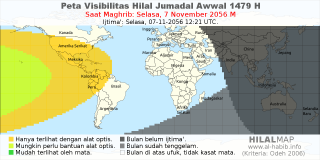 HilalMap: Peta Visibilitas Hilal Jumadal-Awwal 1479 H: rukyat tanggal 2056-11-7 M