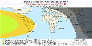HilalMap: Peta Visibilitas Hilal Rajab 1479 H: rukyat tanggal 2057-1-5 M
