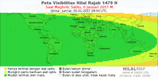 HilalMap: Peta Visibilitas Hilal Rajab 1479 H: rukyat tanggal 2057-1-6 M