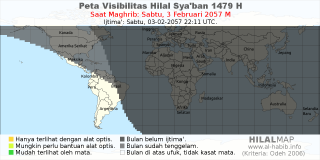 HilalMap: Peta Visibilitas Hilal Syaban 1479 H: rukyat tanggal 2057-2-3 M