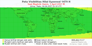 HilalMap: Peta Visibilitas Hilal Syawwal 1479 H: rukyat tanggal 2057-4-5 M