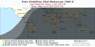 HilalMap: Peta Visibilitas Hilal Muharram 1480 H: rukyat tanggal 2057-7-1 M