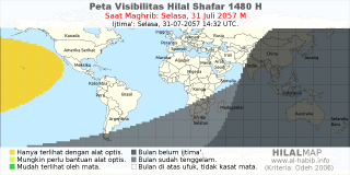 HilalMap: Peta Visibilitas Hilal Shafar 1480 H: rukyat tanggal 2057-7-31 M