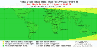 HilalMap: Peta Visibilitas Hilal Rabiul-Awwal 1480 H: rukyat tanggal 2057-8-31 M