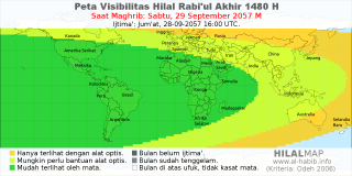 HilalMap: Peta Visibilitas Hilal Rabiul-Akhir 1480 H: rukyat tanggal 2057-9-29 M