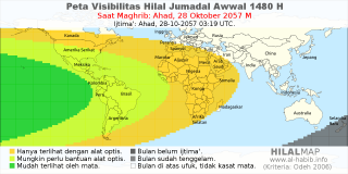 HilalMap: Peta Visibilitas Hilal Jumadal-Awwal 1480 H: rukyat tanggal 2057-10-28 M