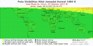 HilalMap: Peta Visibilitas Hilal Jumadal-Awwal 1480 H: rukyat tanggal 2057-10-29 M