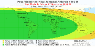 HilalMap: Peta Visibilitas Hilal Jumadal-Akhirah 1480 H: rukyat tanggal 2057-11-27 M