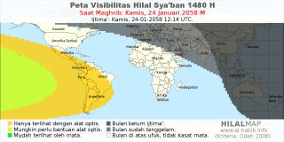 HilalMap: Peta Visibilitas Hilal Syaban 1480 H: rukyat tanggal 2058-1-24 M