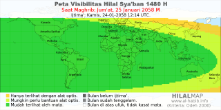 HilalMap: Peta Visibilitas Hilal Syaban 1480 H: rukyat tanggal 2058-1-25 M