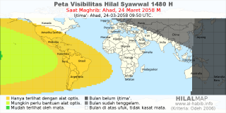 HilalMap: Peta Visibilitas Hilal Syawwal 1480 H: rukyat tanggal 2058-3-24 M