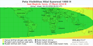 HilalMap: Peta Visibilitas Hilal Syawwal 1480 H: rukyat tanggal 2058-3-25 M