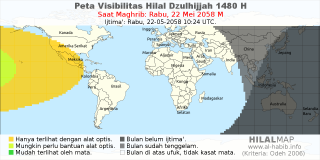 HilalMap: Peta Visibilitas Hilal Dzulhijjah 1480 H: rukyat tanggal 2058-5-22 M