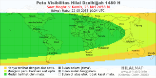 HilalMap: Peta Visibilitas Hilal Dzulhijjah 1480 H: rukyat tanggal 2058-5-23 M
