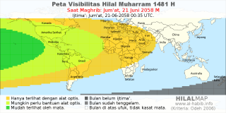 HilalMap: Peta Visibilitas Hilal Muharram 1481 H: rukyat tanggal 2058-6-21 M