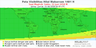HilalMap: Peta Visibilitas Hilal Muharram 1481 H: rukyat tanggal 2058-6-22 M