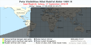 HilalMap: Peta Visibilitas Hilal Rabiul-Akhir 1481 H: rukyat tanggal 2058-9-17 M