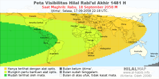 HilalMap: Peta Visibilitas Hilal Rabiul-Akhir 1481 H: rukyat tanggal 2058-9-18 M