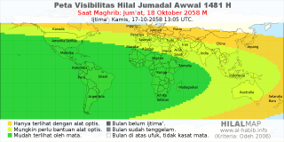 HilalMap: Peta Visibilitas Hilal Jumadal-Awwal 1481 H: rukyat tanggal 2058-10-18 M