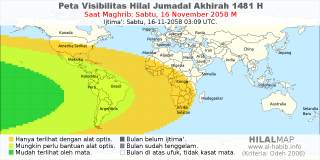 HilalMap: Peta Visibilitas Hilal Jumadal-Akhirah 1481 H: rukyat tanggal 2058-11-16 M