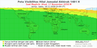 HilalMap: Peta Visibilitas Hilal Jumadal-Akhirah 1481 H: rukyat tanggal 2058-11-17 M