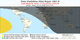 HilalMap: Peta Visibilitas Hilal Rajab 1481 H: rukyat tanggal 2058-12-15 M