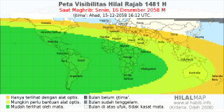 HilalMap: Peta Visibilitas Hilal Rajab 1481 H: rukyat tanggal 2058-12-16 M