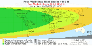 HilalMap: Peta Visibilitas Hilal Shafar 1482 H: rukyat tanggal 2059-7-10 M