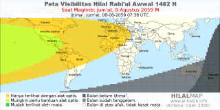 HilalMap: Peta Visibilitas Hilal Rabiul-Awwal 1482 H: rukyat tanggal 2059-8-8 M