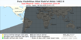HilalMap: Peta Visibilitas Hilal Rabiul-Akhir 1482 H: rukyat tanggal 2059-9-6 M