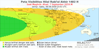 HilalMap: Peta Visibilitas Hilal Rabiul-Akhir 1482 H: rukyat tanggal 2059-9-7 M