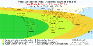 HilalMap: Peta Visibilitas Hilal Jumadal-Awwal 1482 H: rukyat tanggal 2059-10-7 M