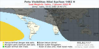 HilalMap: Peta Visibilitas Hilal Syaban 1482 H: rukyat tanggal 2060-1-3 M