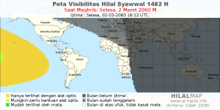 HilalMap: Peta Visibilitas Hilal Syawwal 1482 H: rukyat tanggal 2060-3-2 M