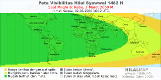HilalMap: Peta Visibilitas Hilal Syawwal 1482 H: rukyat tanggal 2060-3-3 M