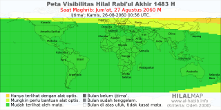 HilalMap: Peta Visibilitas Hilal Rabiul-Akhir 1483 H: rukyat tanggal 2060-8-27 M