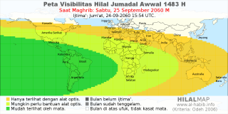 HilalMap: Peta Visibilitas Hilal Jumadal-Awwal 1483 H: rukyat tanggal 2060-9-25 M