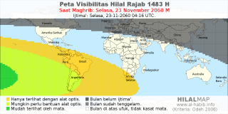 HilalMap: Peta Visibilitas Hilal Rajab 1483 H: rukyat tanggal 2060-11-23 M