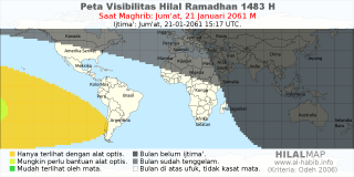 HilalMap: Peta Visibilitas Hilal Ramadhan 1483 H: rukyat tanggal 2061-1-21 M