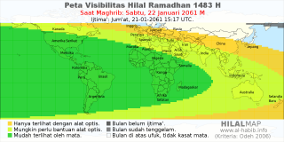 HilalMap: Peta Visibilitas Hilal Ramadhan 1483 H: rukyat tanggal 2061-1-22 M