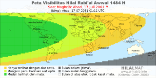 HilalMap: Peta Visibilitas Hilal Rabiul-Awwal 1484 H: rukyat tanggal 2061-7-17 M