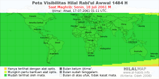 HilalMap: Peta Visibilitas Hilal Rabiul-Awwal 1484 H: rukyat tanggal 2061-7-18 M