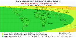 HilalMap: Peta Visibilitas Hilal Rabiul-Akhir 1484 H: rukyat tanggal 2061-8-16 M