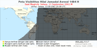 HilalMap: Peta Visibilitas Hilal Jumadal-Awwal 1484 H: rukyat tanggal 2061-9-13 M