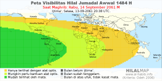 HilalMap: Peta Visibilitas Hilal Jumadal-Awwal 1484 H: rukyat tanggal 2061-9-14 M