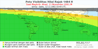 HilalMap: Peta Visibilitas Hilal Rajab 1484 H: rukyat tanggal 2061-11-13 M