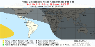 HilalMap: Peta Visibilitas Hilal Ramadhan 1484 H: rukyat tanggal 2062-1-10 M