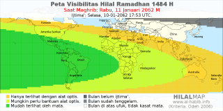 HilalMap: Peta Visibilitas Hilal Ramadhan 1484 H: rukyat tanggal 2062-1-11 M